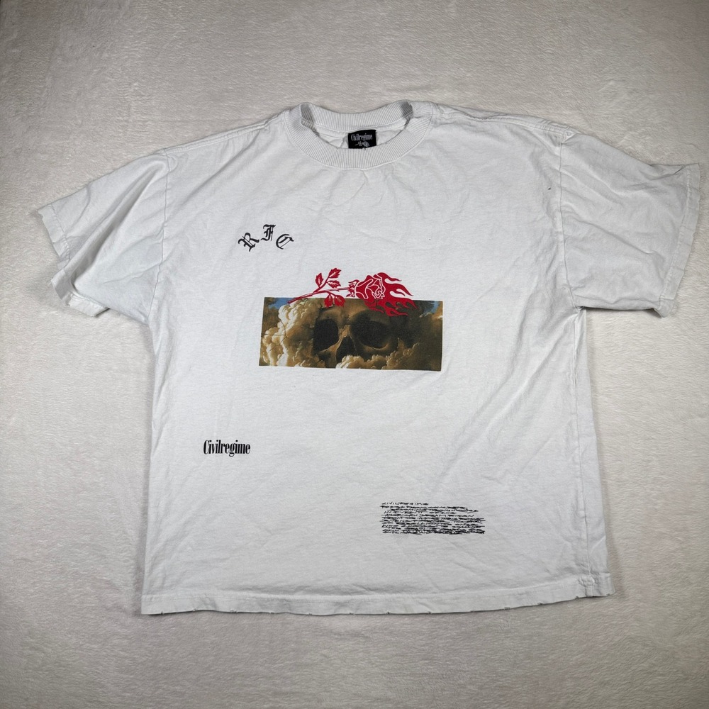 Civilregime White RFC Skull Rose Graphic T Shirt Medium